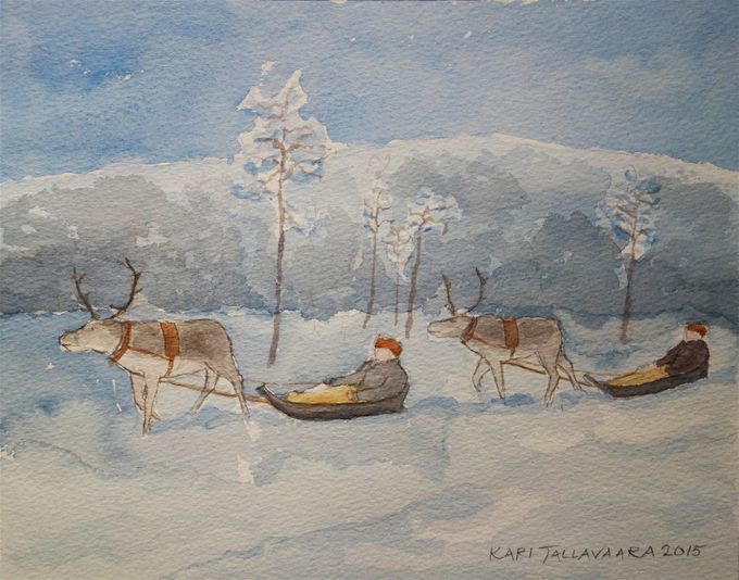 Kirkkoreissu Sodankylään jouluna 1764, akvarelli 2015 (Tarinoita Kairalasta -kirja)